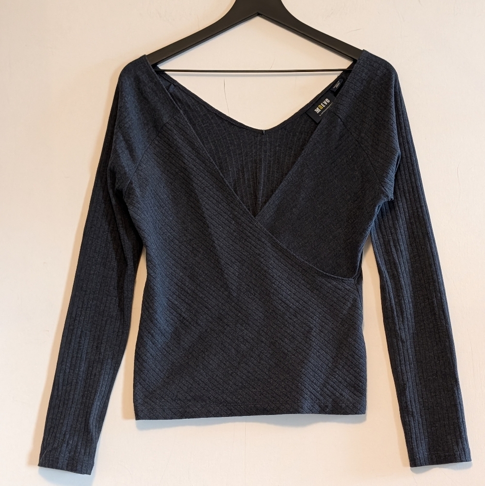 Maeve Anthropologie Ribbed Wrap Top Gray Long Sleeve Stretch Layering Capsule